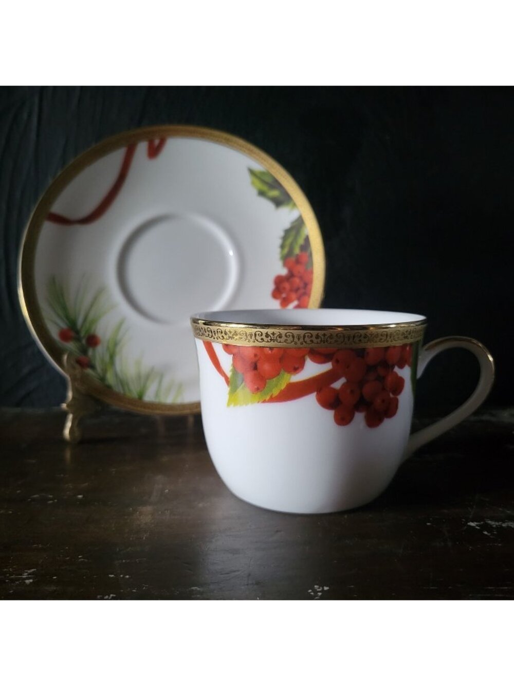Charter Club Fashion Buffet Holly and Pine Flat Cup & Saucer Set Christmas China